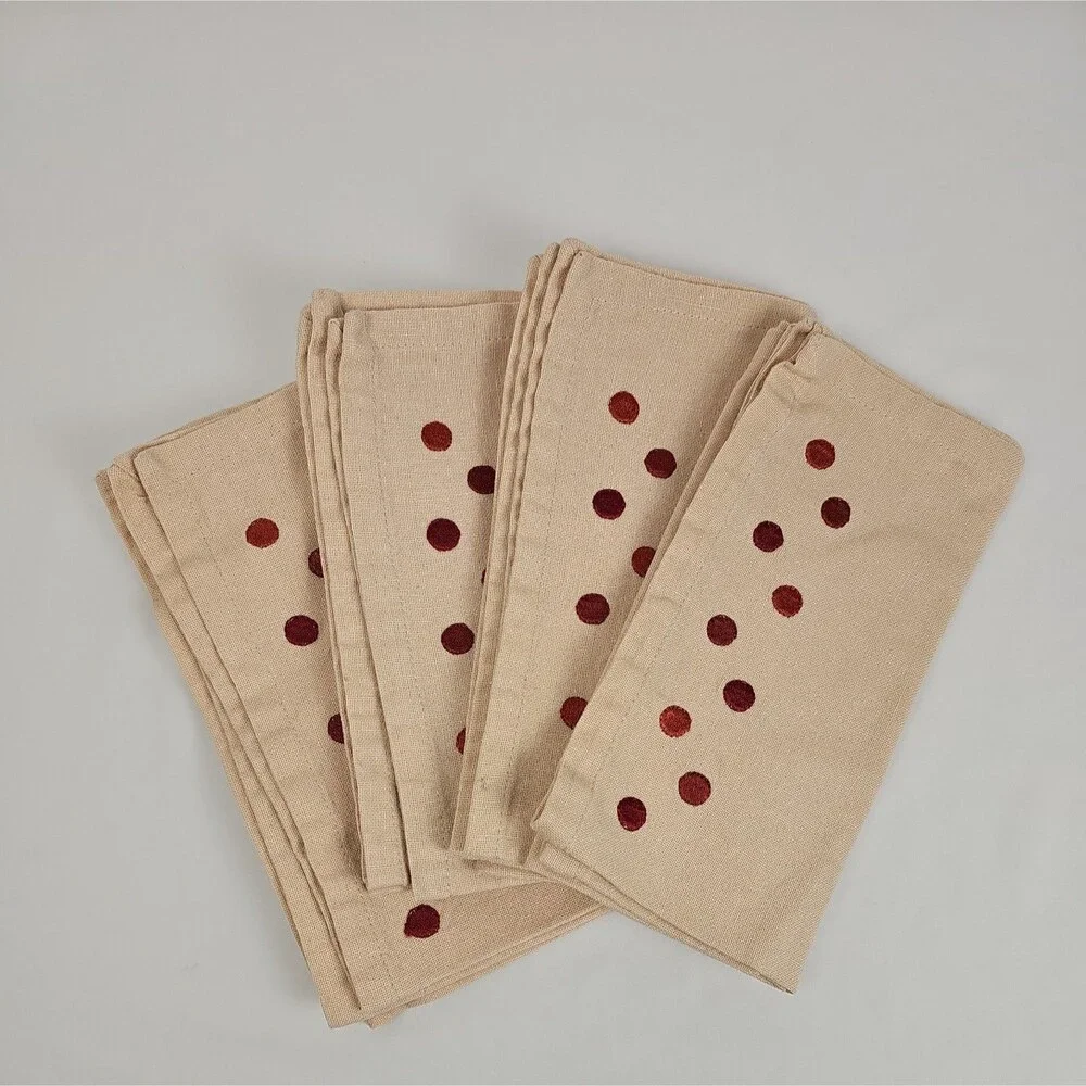 Set of 4 Embroidered Polka Dot Cloth Napkins Tan Red Fall Thanksgiving 17x17